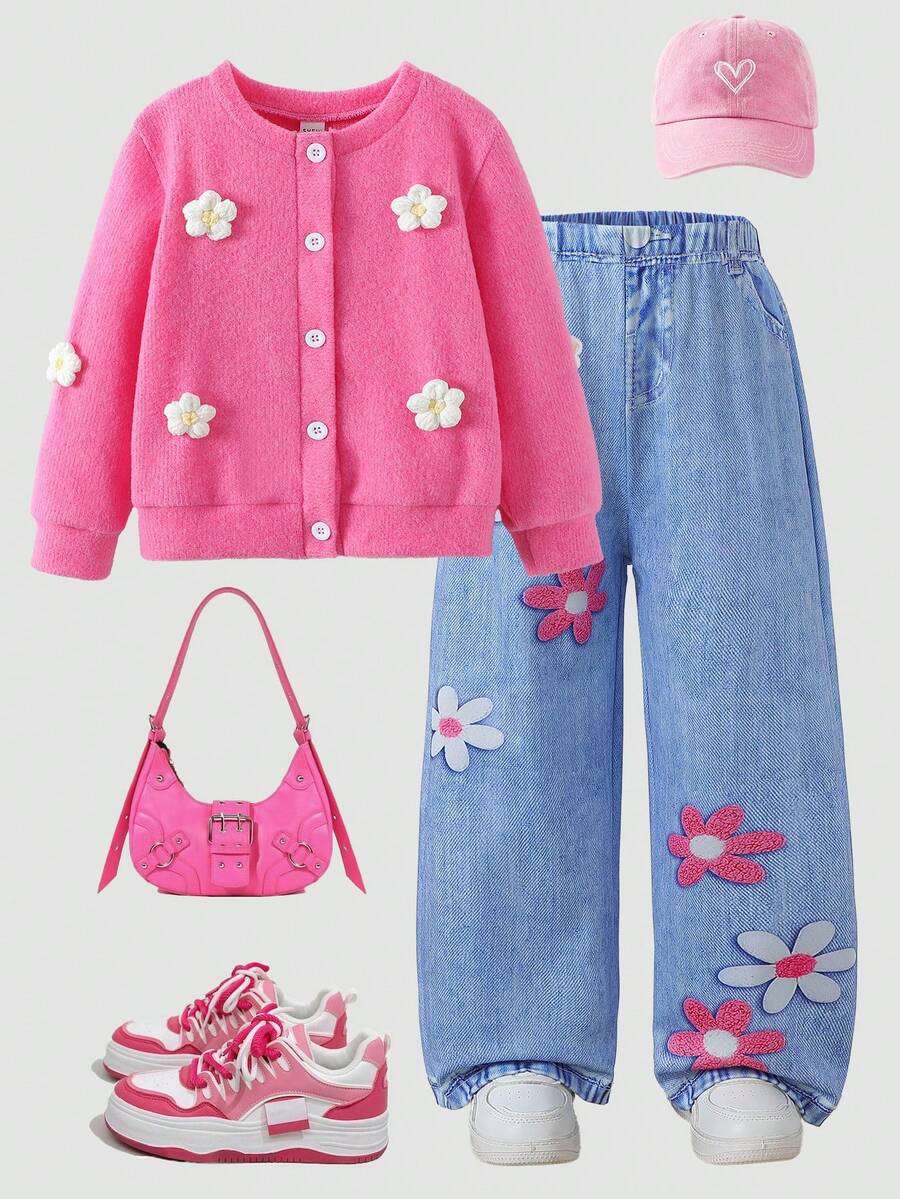 SHEIN ChillGRL 2pcs/Set Young Girls Floral Knit Cardigan Jacket & Printed Wide Leg Pants, Sweet Style Casual Outfit, Spring/Autumn - Hot Pink - View 1