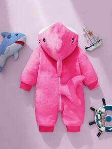 SHEIN 新生儿鲨鱼造型套装，可爱毛绒鲨鱼造型3D帽子，刺绣鲨鱼脸，长袖连体衣 - 玫紅色 - 查看 3