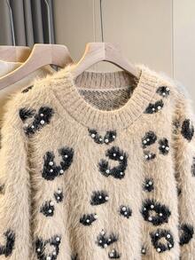 Franclia 女士简约休闲日常通勤仿珍珠装饰毛衣，优雅百搭豹纹蓬松针织衫，秋冬款 - 彩色 - 查看 5