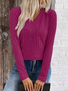 SHEIN LUNE LUNE V领拉绒罗纹女上衣 跨境电商新品 秋冬 - 玫紅色 - 查看 5