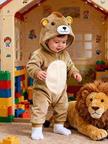 SHEIN 婴儿/男童可爱狮子3D图案长袖连体衣，返校套装 - 卡其色 - 查看 1
