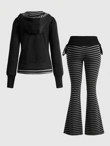 ROMWE Grunge Punk Skull Rivet 2 In 1 Loose Fit Black & Gray Vintage Open Front Hoodie With Bell Bottom Pants - Black - View 4
