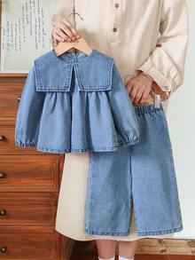Vintaside Kids Bộ đồ denim cổ điển cho bé gái áo chui đầu tay dài màu trơn và quần jeans cạp chun - Rửa trung bình - Xem 7