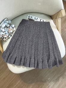 GlowEve Women's Autumn New Solid Color Rope Floral Pattern Classic Design Casual Girly Everyday Versatile Loose Hem Knit Sweater Skirt - Dark Grey - View 4