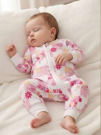 Infant/Baby Girl Pink Floral Print Jumpsuit, Simple Fashion Allover Print Design, Long Sleeves