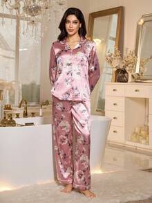 LuxeNights 花卉印花仿丝绸翻领女士长袖睡衣套装，冬季服装