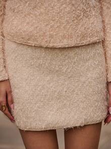 lacRébo Cream Fuzzy Textured Tweed Mini Skirt Chic Vintage Spring Summer Look Party Skirt Going Out - Beige - View 3