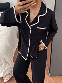 女士撞色翻领宽松长袖睡衣套装，黑色，女士睡衣两件套，秋冬服装 - 黑色 - 查看 4