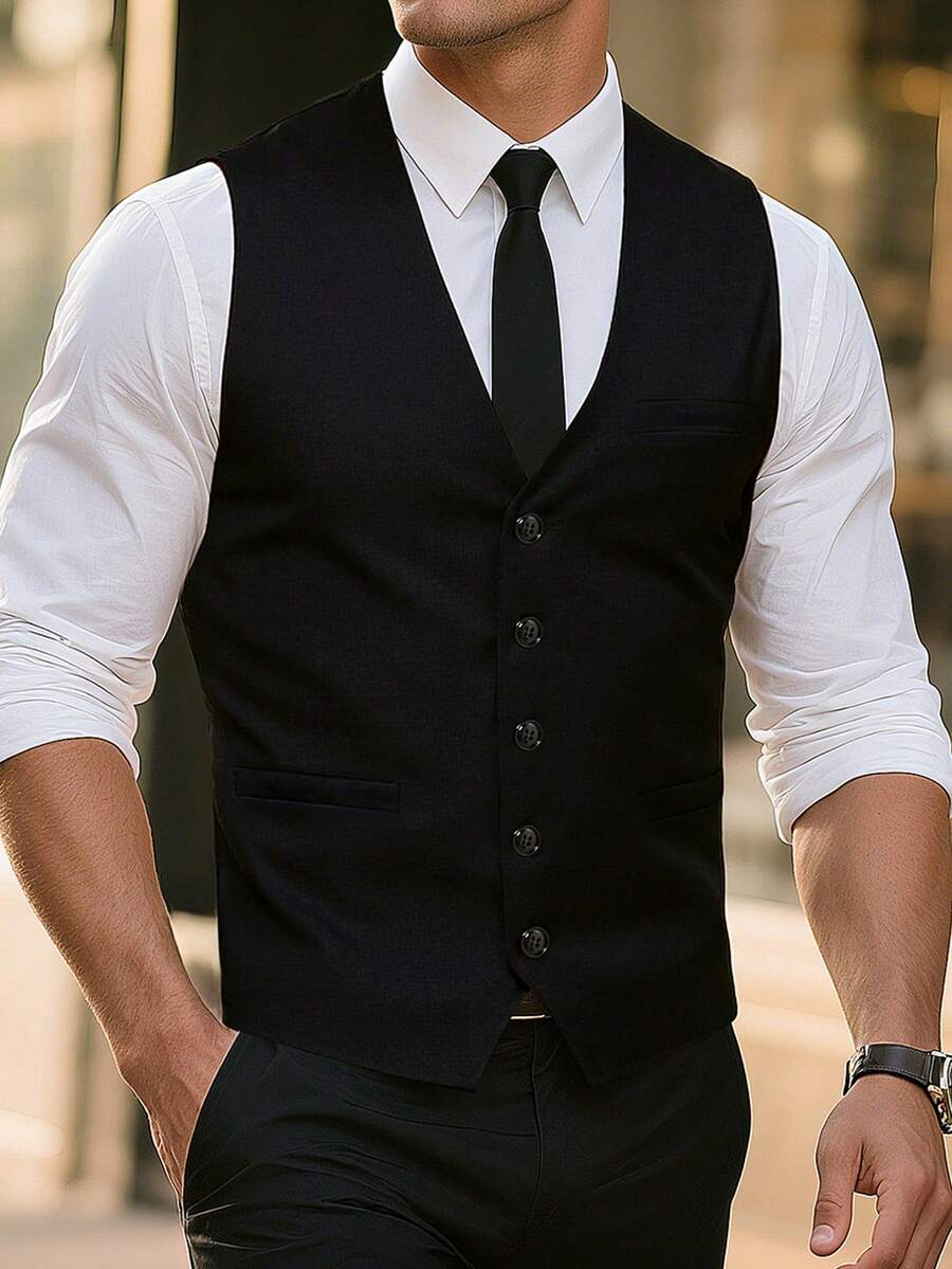Manfinity Mode Men's Solid Color Minimalist Casual Sleeveless Vest - Black - View 1