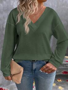 EMERY ROSE 复古军绿色华夫格纹面料休闲翻领基础款T恤，大码，秋冬款 - 軍綠色 - 查看 4