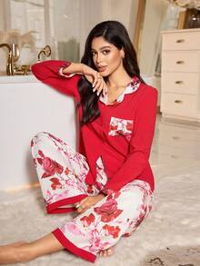 LuxeNights Bubble Crinkle Print Trim Front Open Women Pajama Set Home Wear , Fall & Winter Clothes - Red - View 5