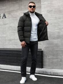 Manfinity CasualCool Men's Solid Color Minimalist Casual Hooded Long Sleeve Plaid Padded Coat Men Outerwear Winter Coat For Men Bubble Coat Men Men Jackets - Black - View 7