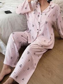 Dream Adore 条纹蝴蝶结樱桃印花翻领长袖单口袋上衣和裤子加大码女式睡衣套装 女士条纹睡衣套装 女士睡衣衬衫 女士睡衣套装，秋冬服装 - 粉色 - 查看 1