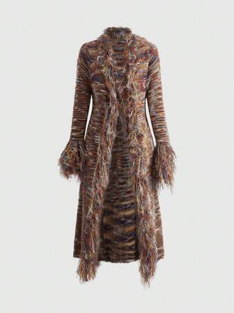 EDITION Cárdigan largo con mangas largas y flecos a rayas estilo Y2K para mujer