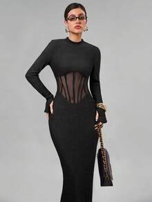 Avenya Women's Waist Cut-Out Semi-Sheer Bodice Design Long Sleeve Textured Fabric Dress - Black - View 3