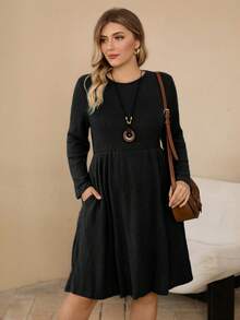 Rosumi Plus Size Plain Round Neck Pocket Casual Long Sleeve Fall Dress - Black - View 1
