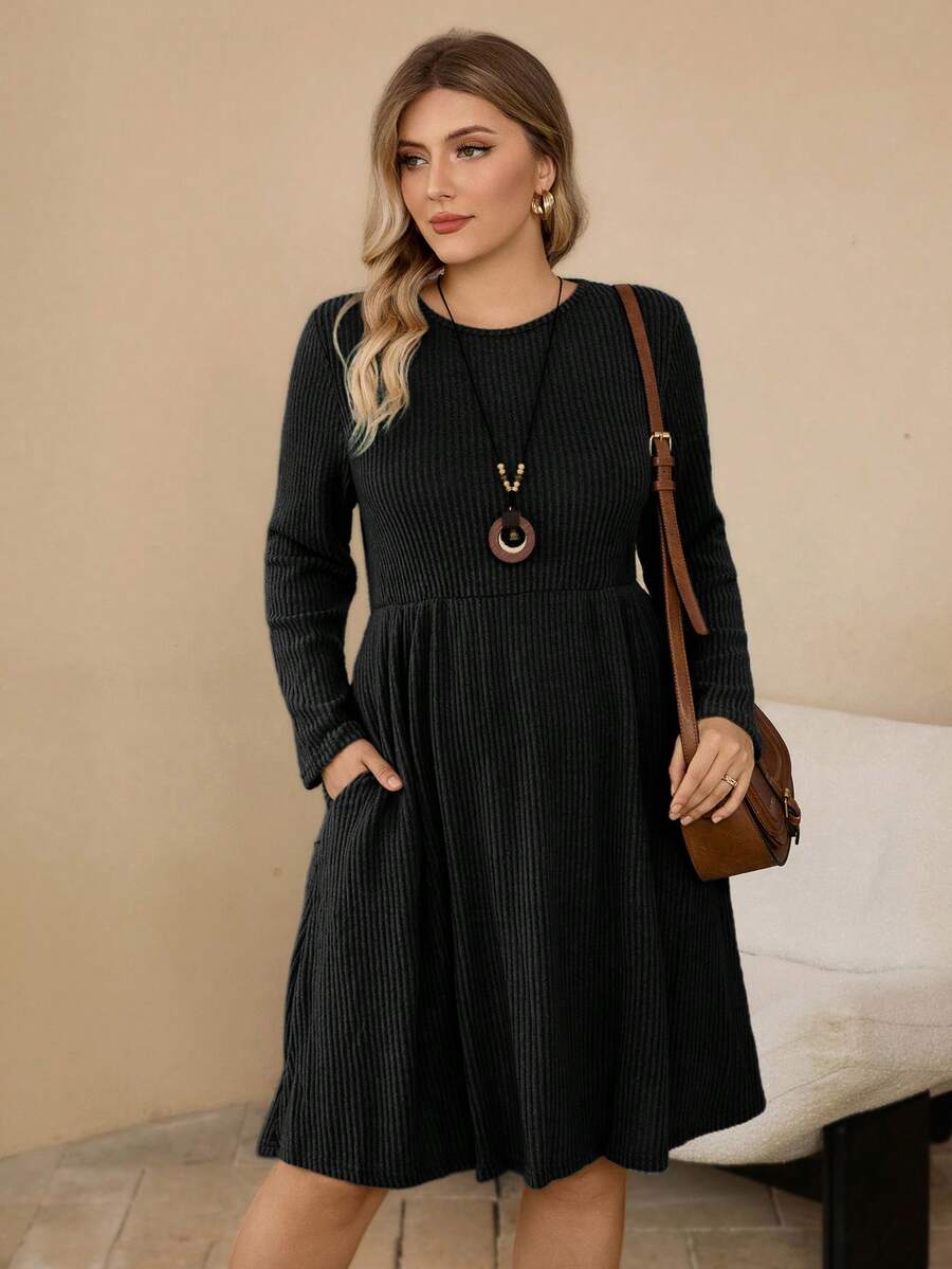 Rosumi Plus Size Plain Round Neck Pocket Casual Long Sleeve Fall Dress - Black - View 1
