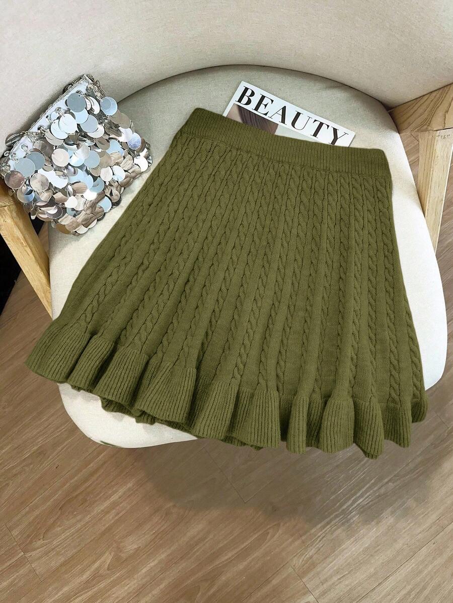 GlowEve Rok Sweater Rajut Longgar Bermotif Bunga Tali Warna Polos Terbaru untuk Wanita Musim Gugur, Desain Klasik, Kasual, Feminin, Serbaguna untuk Sehari-hari - Hijau Tentara - View 1
