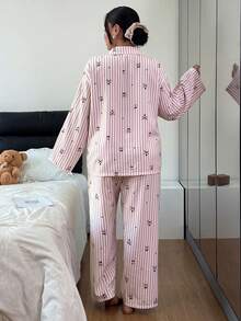 Dream Adore 条纹蝴蝶结樱桃印花翻领长袖单口袋上衣和裤子加大码女式睡衣套装 女士条纹睡衣套装 女士睡衣衬衫 女士睡衣套装，秋冬服装 - 粉色 - 查看 2