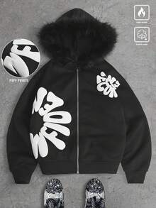 Manfinity EMRG 男士字母印花长袖拉链连帽夹克，带毛领，黑色图案连帽衫，黑白图案拉链连帽衫，泡泡印花连帽衫，短款图案连帽衫，保暖内衬 - 黑色 - 查看 1