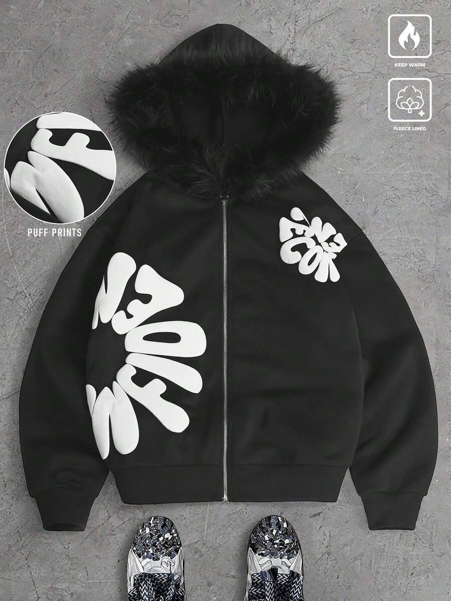 Manfinity EMRG 男士字母印花长袖拉链连帽夹克，带毛领，黑色图案连帽衫，黑白图案拉链连帽衫，泡泡印花连帽衫，短款图案连帽衫，保暖内衬 - 黑色 - 查看 1