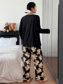 SHEIN 2pcs Plus Size Cute Teddy Bear Print Long Sleeve Pajama Sets , Fall & Winter Clothes - Multicolor - View 2