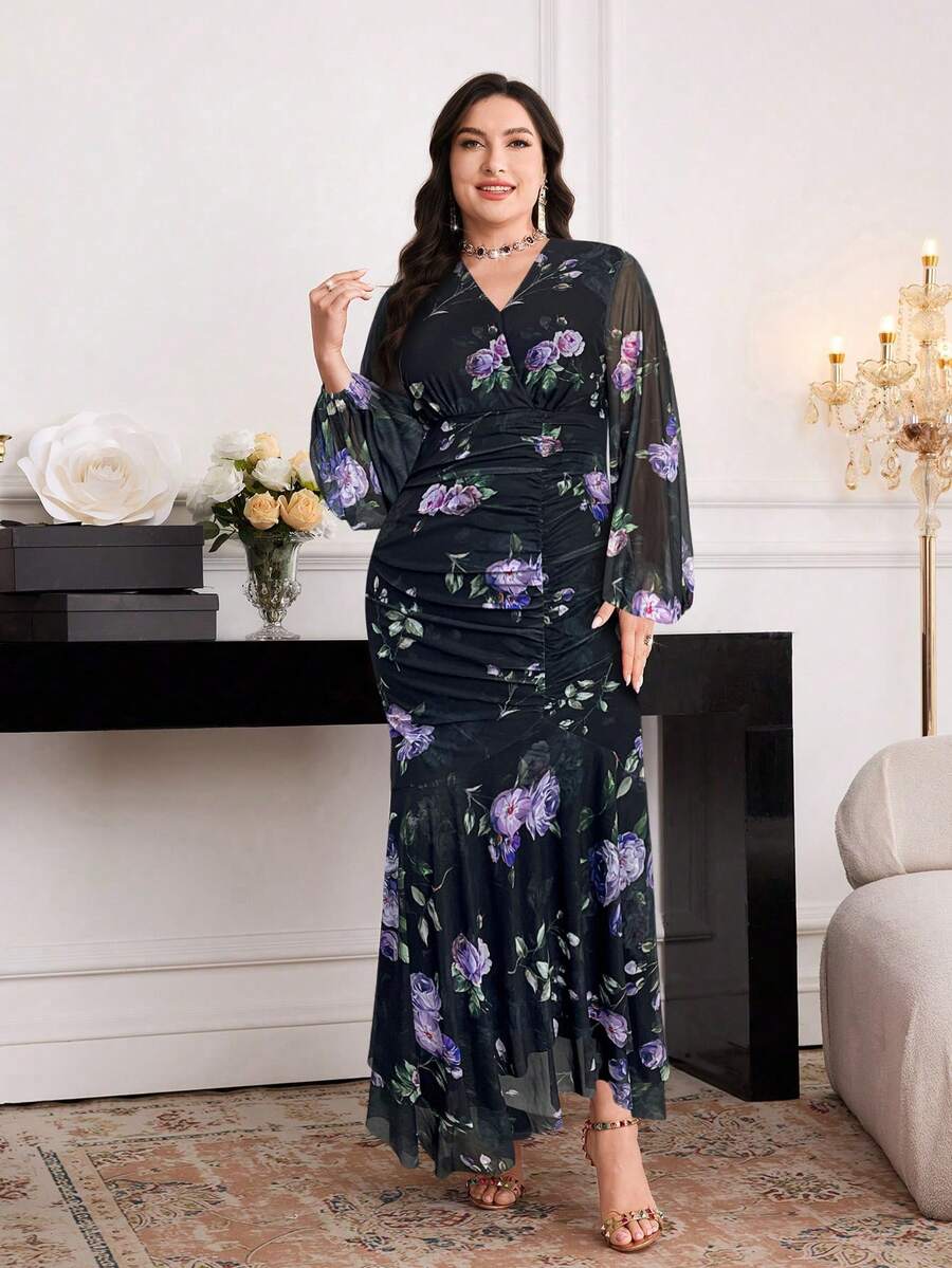 Modelyn 大码女式印花V领灯笼袖褶皱优雅连衣裙 - 彩色 - 查看 1