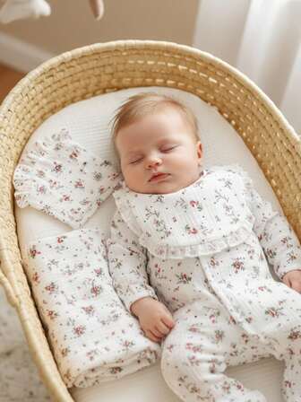 新生女婴可爱碎花长袖连体衣，带褶边和帽子、围兜、襁褓毯 5 件套，舒适婴儿服装套装