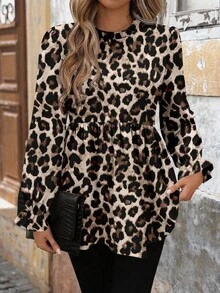 SHEIN LUNE Women's Casual Printed Blouse, Babydoll, Puff Sleeve, Leopard Print, Suitable For Autumn/Winter Everyday Wear,Casual - Multicolor - View 6