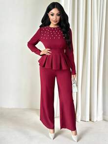 Vavine 女士酒红色泡泡袖长袖上衣和裤子优雅两件套 - 酒紅色 - 查看 5