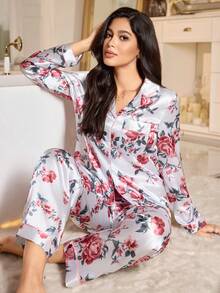 LuxeNights Women's Elegant Floral Print Faux Silk Lapel Top & Pants Pajama Set Home Wear Women Lounge Wear Set, Fall & Winter Clothes - Multicolor - View 1