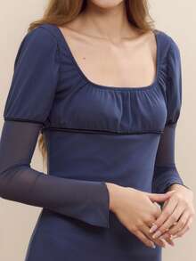 lacRébo Váy midi lưới ôm màu xanh navy, cổ nhún và nơ satin nhỏ, tay dài thanh lịch cho mùa thu đông - Màu đỏ tím - Xem 6