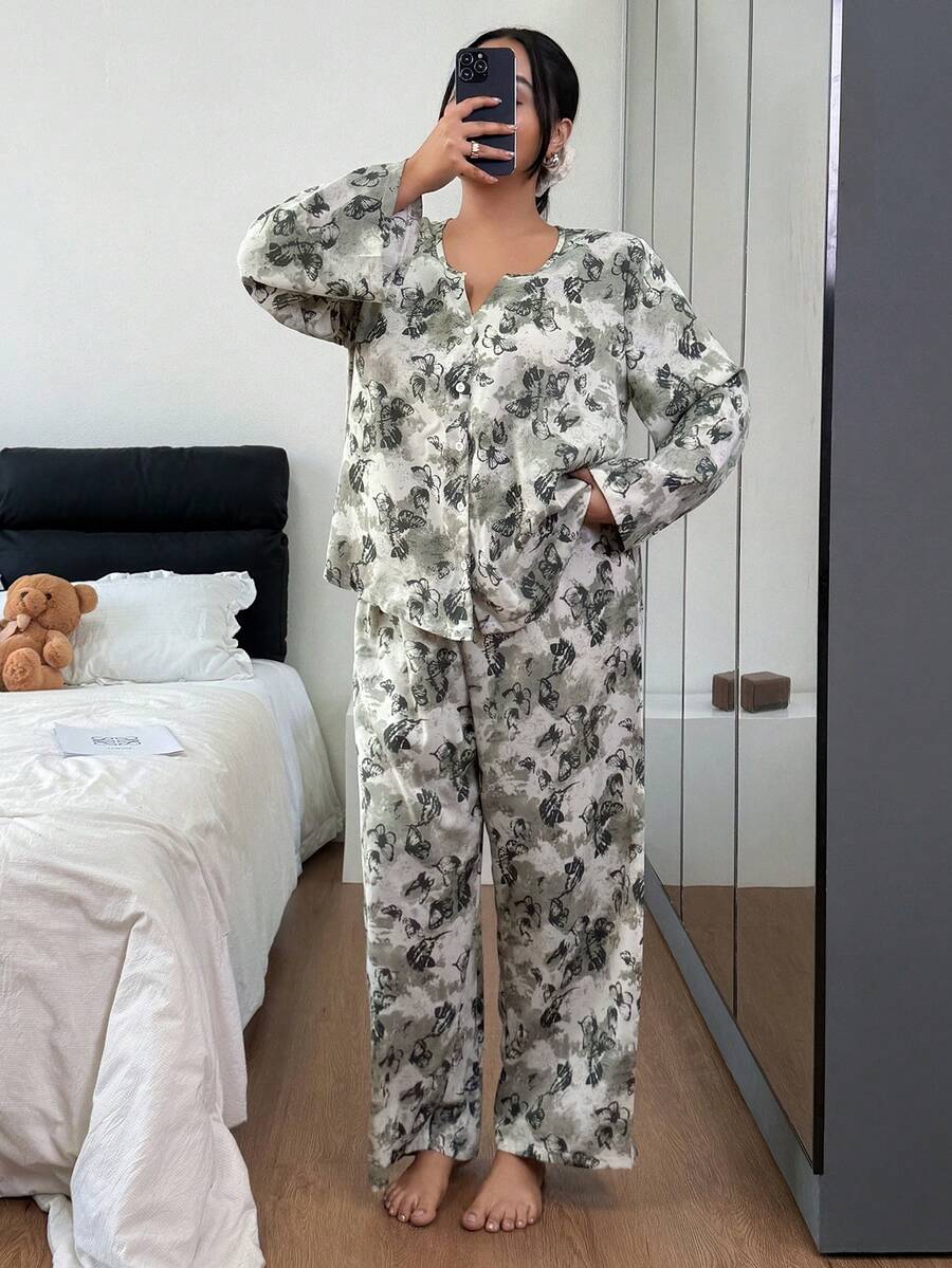 Dream Adore Plus Size Women Butterfly Print V-Neck Pajama Set , Fall & Winter Clothes - Multicolor - View 1