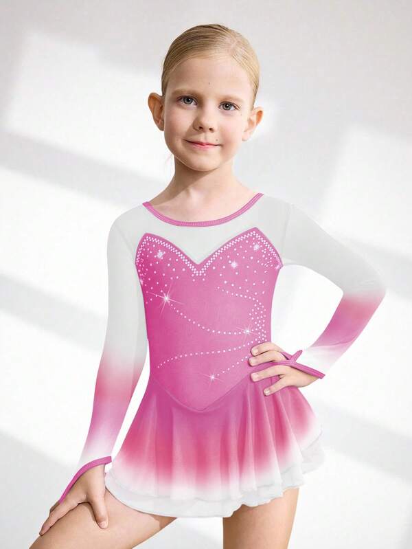 Young Girls Figure Skating Dress, Gradient Pink Sparkly Ice Skating Competition Costume, Leotard Dress With Rhinestones, Stretchy Silky Mesh Ice Skating Skirt