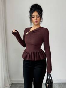 Elenzga Elegante Luxuoso Emagrecedor Estiloso Único Belo Camiseta Feminina com Cintura Franzida Estilo Francês - Castanho - Visão 3
