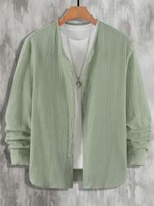 Manfinity RSRT Camisa de manga larga de tela texturizada casual y lisa - Verde Oliva - Ver 3