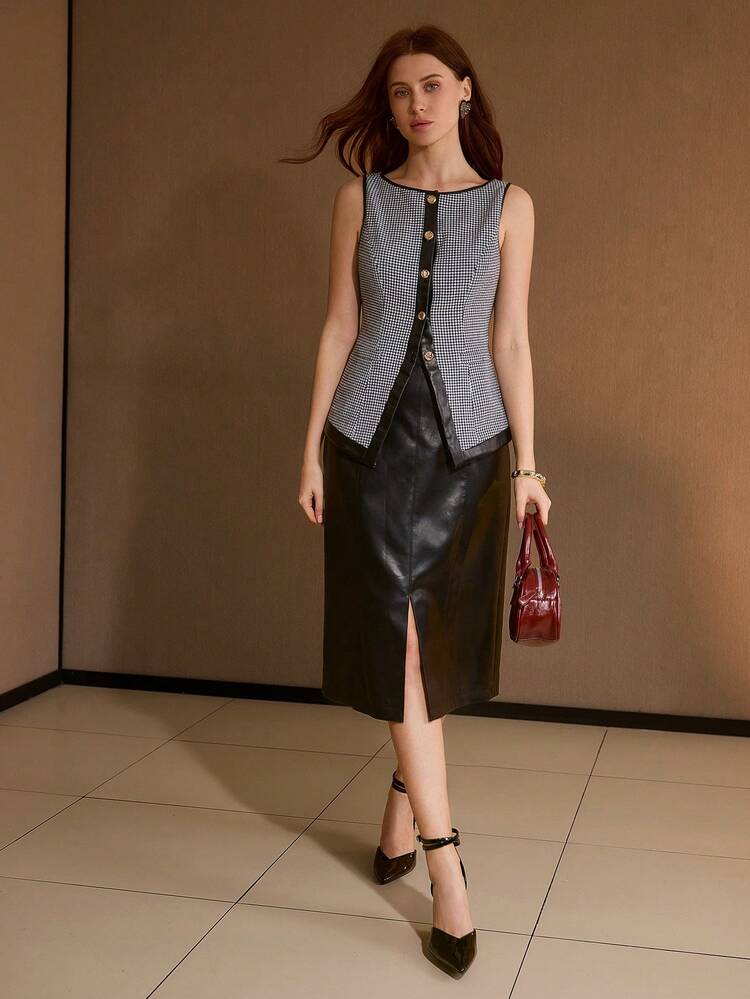 VESTE SANS MANCHE FEMME AVEC TAILLE CINTRÉE ET BORDURE CONTRASTÉE