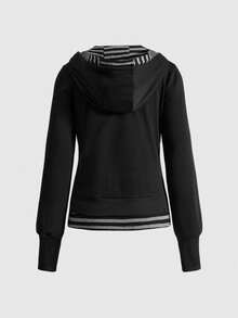 ROMWE Grunge Punk Skull Rivet 2 In 1 Loose Fit Black & Gray Vintage Open Front Hoodie With Bell Bottom Pants - Black - View 6