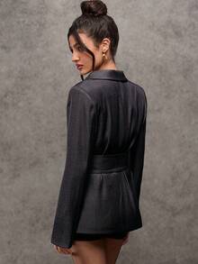 Avenya بليزر ذو تأثير جينز مع حزام خصر قابل للتعديل - الأسود - مشاهدة 2