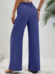 SHEIN LUNE Women's Casual Solid Color Pocketed Drawstring Pants - Purple - View 2