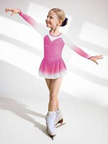 女童花样滑冰服，渐变粉色闪亮冰上比赛服，镶钻紧身衣，弹力丝滑网纱冰上裙 - 彩色 - 查看 5