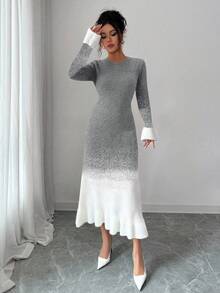 Elenzga 女士秋冬新款圆领渐变色独特设计荷叶边下摆和袖口时尚优雅优雅约会休闲修身针织中长毛衣连衣裙 - 灰色 - 查看 7