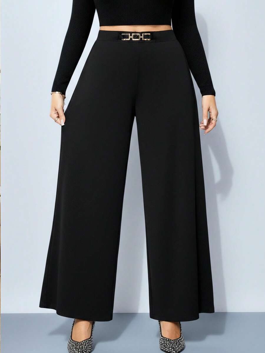 Modelyn Plus Size Minimalist Metal Decor Loose Wide Leg Pants