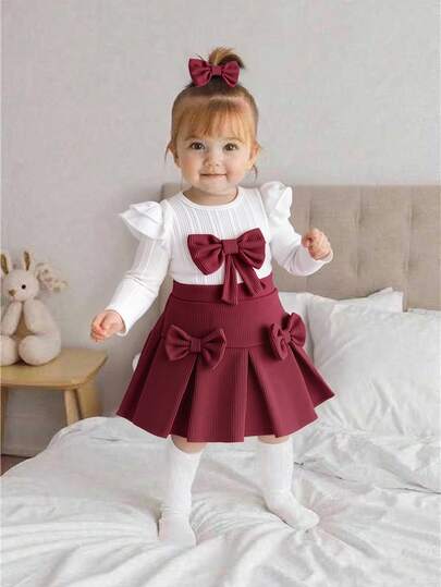 SHEIN 2pcs Baby Girls' White Textured Knit Long Sleeve Top And Burgundy Corduroy Skirt Set, Cute And Sweet Outfit