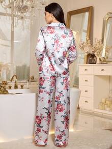 LuxeNights Women's Elegant Floral Print Faux Silk Lapel Top & Pants Pajama Set Home Wear Women Lounge Wear Set, Fall & Winter Clothes - Multicolor - View 2