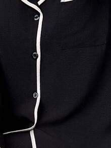 女士撞色翻领宽松长袖睡衣套装，黑色，女士睡衣两件套，秋冬服装 - 黑色 - 查看 8