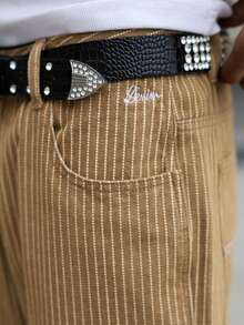 Manfinity Hypemode 男士休闲竖条纹多口袋卡其色工装牛仔裤，街头时尚 - 卡其色 - 查看 8