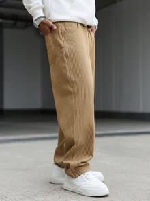 Manfinity Hypemode 男士休闲竖条纹多口袋卡其色工装牛仔裤，街头时尚 - 卡其色 - 查看 5