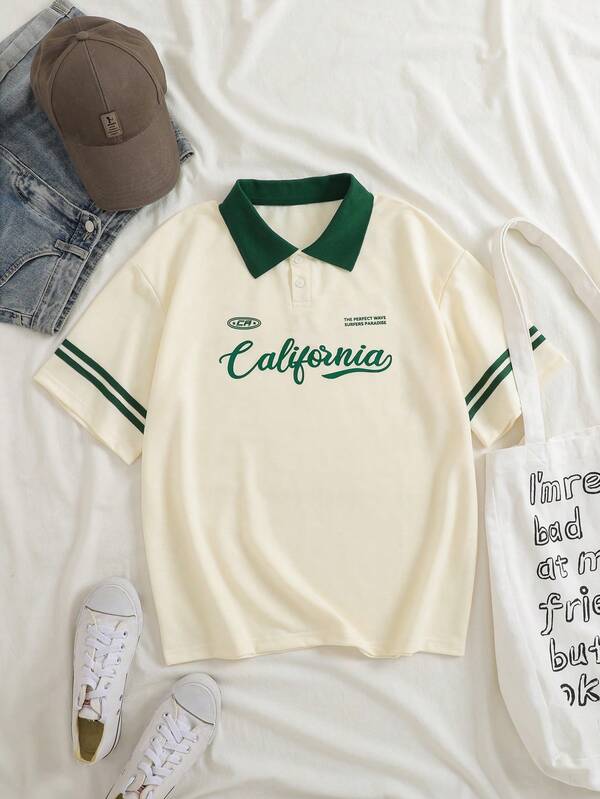 INAWLY Letter Graphic Contrast Collar Tee Graphic Tees Women Tops