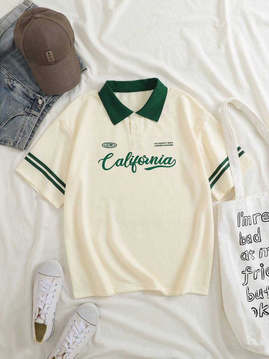 INAWLY Camiseta con gráfico de letra y cuello de contraste, camisetas gráficas para mujer - Beis - Ver 1